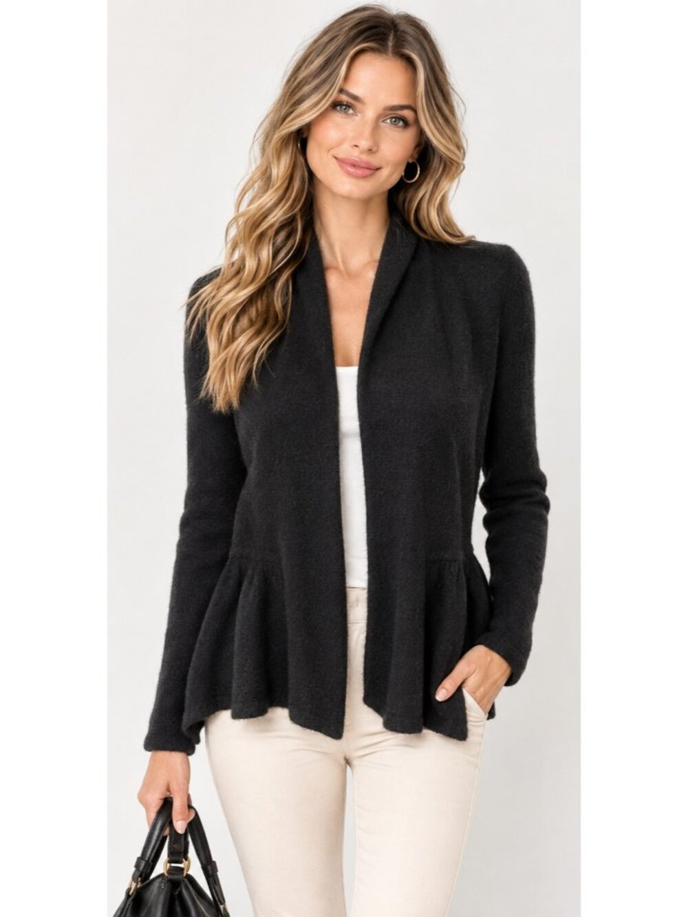Charter Club Black Luxury 100% Cashmere Shawl Open Front Peplum Cardigan